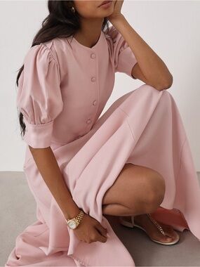 Elegant Pink Puff-Sleeve Skirt Set